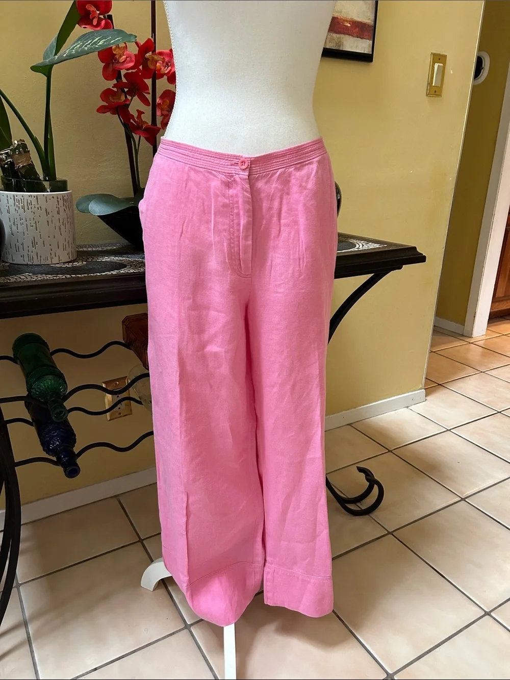 Sigrid Olsen Vtg 100% Linen Pink Floral Long Sleeve Top & Pants 2 PC Suit Set Lg